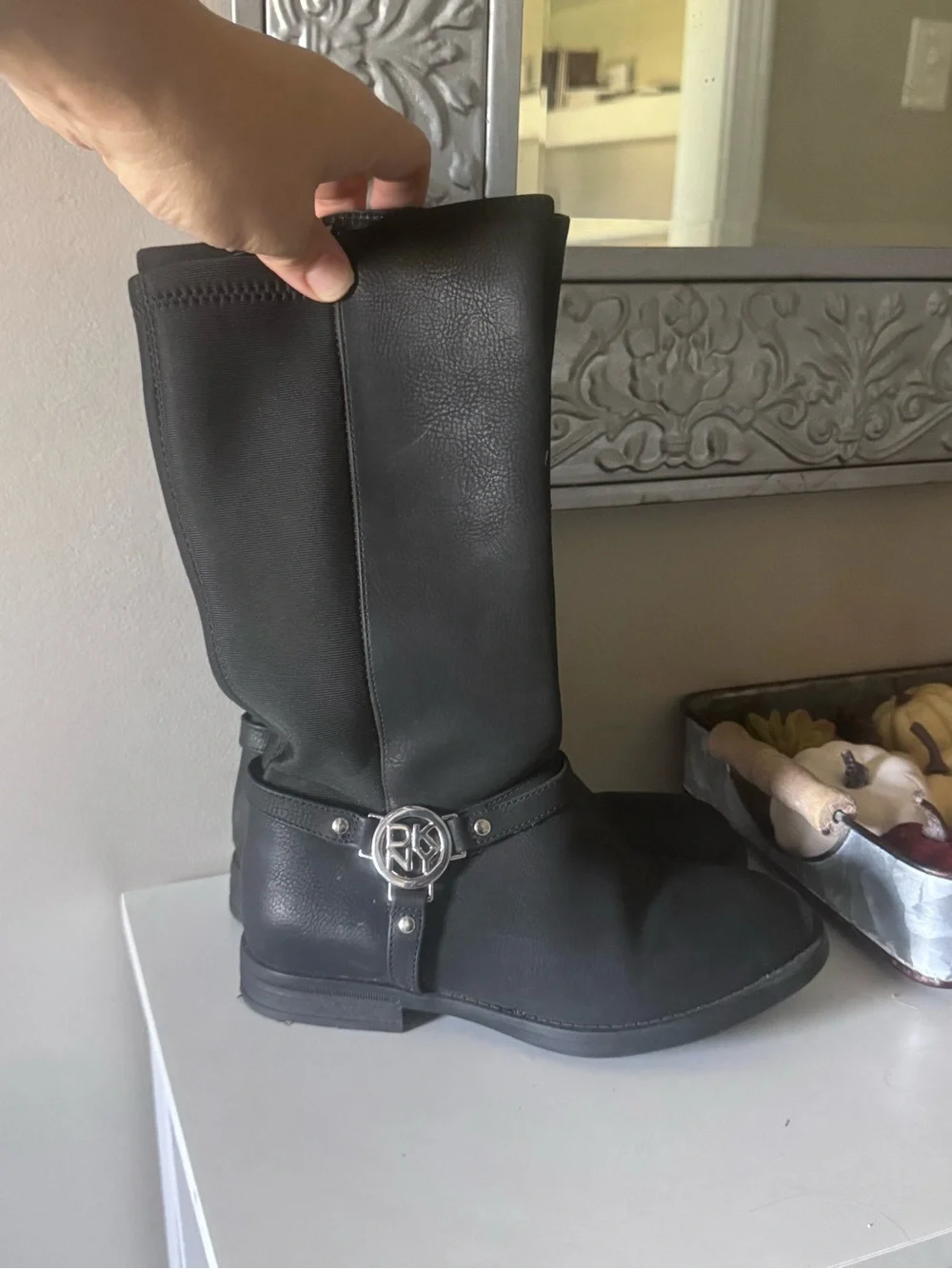 DKNY Black Girls' Mid-Calf Logo Harness Boots